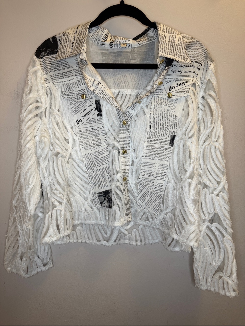 Adore White Newspaper-Print Loop Knit Cardigan with Gold Buttons